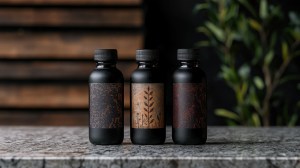 Three sleek black bottles with decorative labels on a stone surface, set against a natural background – ideal representation of Private Label and White Label Supplements and premium private label supplement manufacturing.