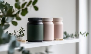 Private label supplement bottles displayed on a white shelf – minimalist packaging in soft tones, surrounded by natural greenery and capsules, highlighting clean wellness branding.