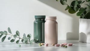 Own Nutritional Supplements in minimalist green and beige bottles – surrounded by colorful tablets and natural greenery on a white surface, emphasizing clean and healthy lifestyle branding.