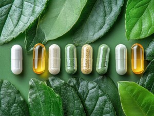 Assorted natural capsules displayed on green leaves – vibrant supplement varieties symbolizing transparency and sustainability from Ethical Supplement Manufacturers'.
