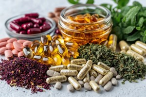 Assortment of herbal and vitamin supplements including capsules, tablets, softgels, and dried botanicals – showcasing Private Label Supplement, Private Label Supplements, and natural private label products.