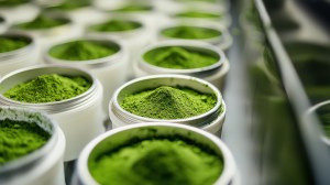 High-quality custom powder manufacturing process featuring vibrant green powder neatly filled in white containers, ready for packaging and distribution