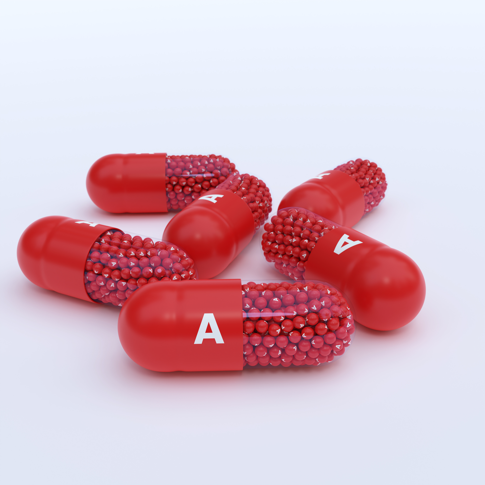 This image presents Vitamin A manufacturer capsules, visually emphasizing their premium formulation and encapsulated granules. The sleek red design and detailed composition make it ideal for pharmaceutical branding, supplement manufacturers, and health product marketing.