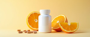 A white bottle of vitamin C supplements surrounded by fresh orange slices and brown capsules on a yellow background, symbolizing health and nutrition.