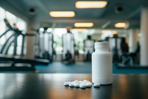 White supplement bottle and tablets on a gym counter, symbolizing Private Labelling in the fitness industry, highlighting the importance of meeting Legal and Regulatory Requirements and establishing a clear manufacturing agreement for supplement production.