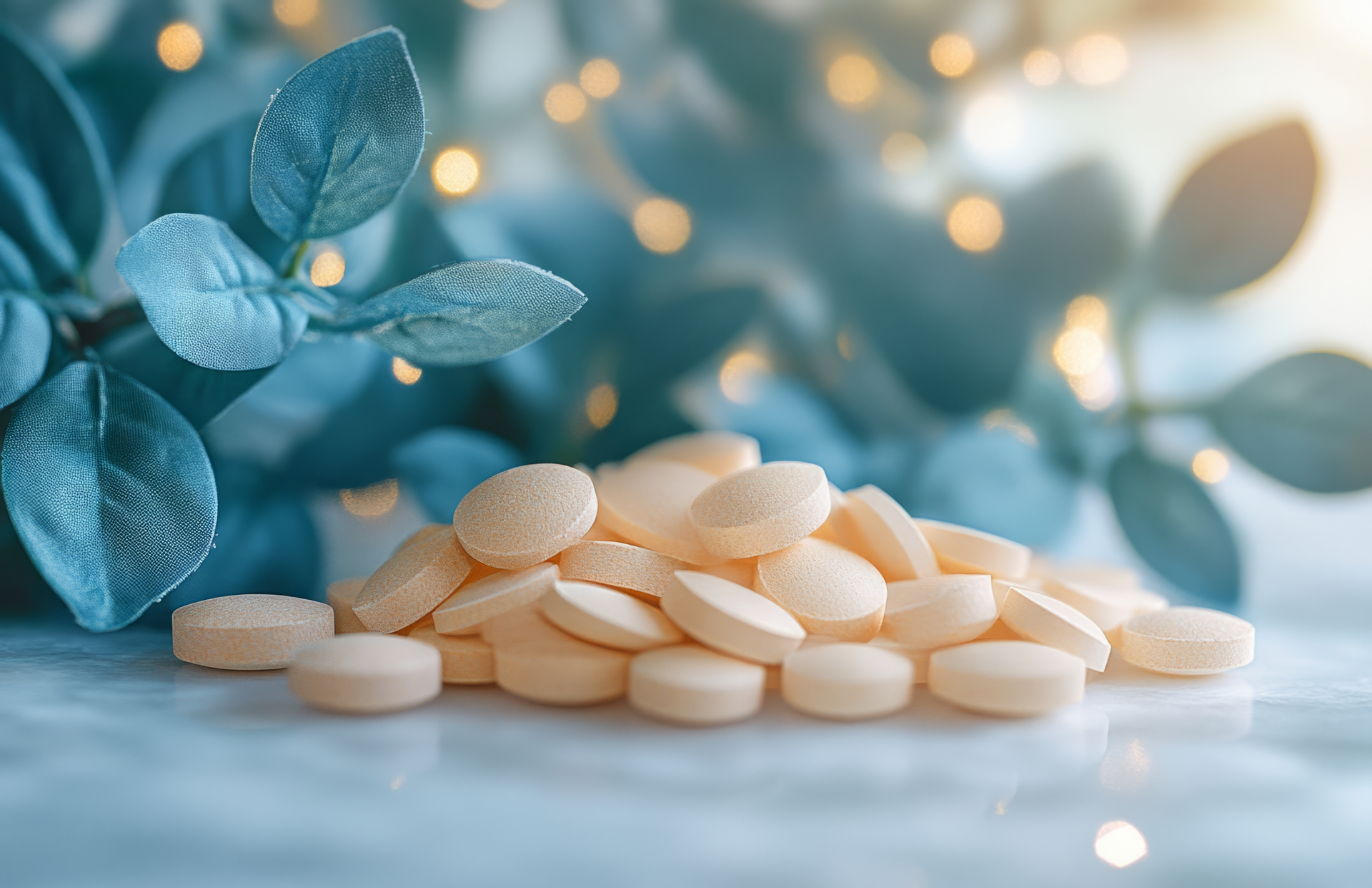A pile of white supplement tablets for Ethical Supplement Manufacturers on a smooth surface, accompanied by soft blue-green leaves and warm glowing lights in the background. The image conveys the commitment of an ethical supplement manufacturer to purity, natural ingredients, and high-quality wellness products.