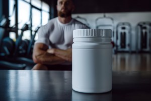 White Private Label supplements container on table in gym with athlete in background