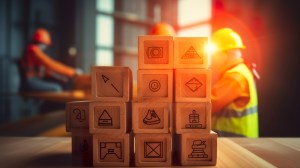 Stacked wooden blocks with safety and compliance icons in front of blurred construction workers in safety vests and helmets – representing compliance in manufacturing, the importance of compliance in the manufacturing sector, and addressing manufacturing compliance challenges.