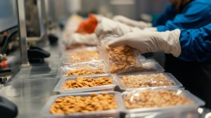 Workers in a modern food production facility engaged in quality assurance and private label manufacturing, carefully packaging snack products into plastic containers and sealed bags to ensure hygiene and consistency