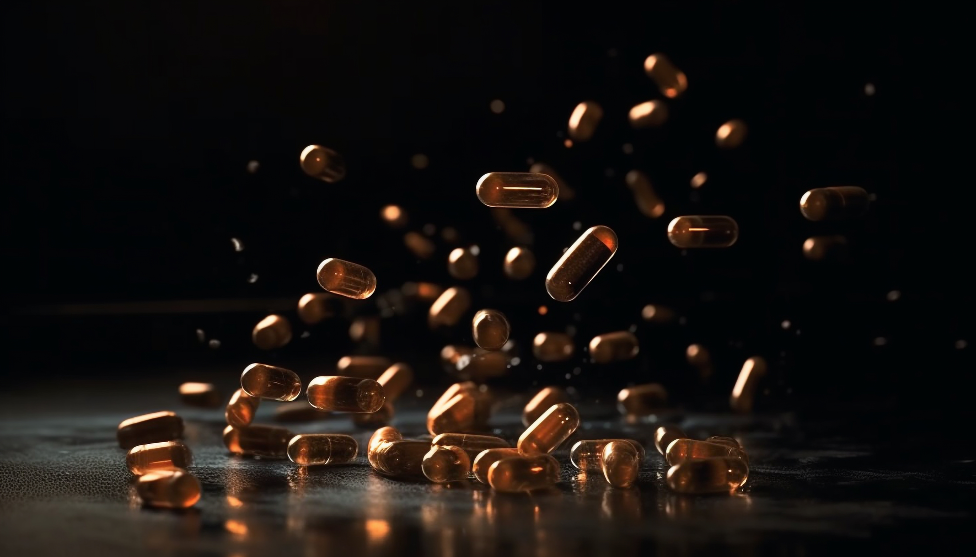 Golden softgel capsules suspended in mid-air against a dark background, symbolizing premium quality supplements and health products from a Softgel Manufacturing Companies