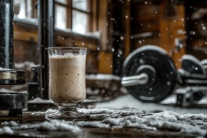 A glass filled with a creamy protein shake, topped with protein powder, with additional powder scattered on a rustic wooden surface. Perfect for fitness, nutrition, and protein supplement manufacturers.