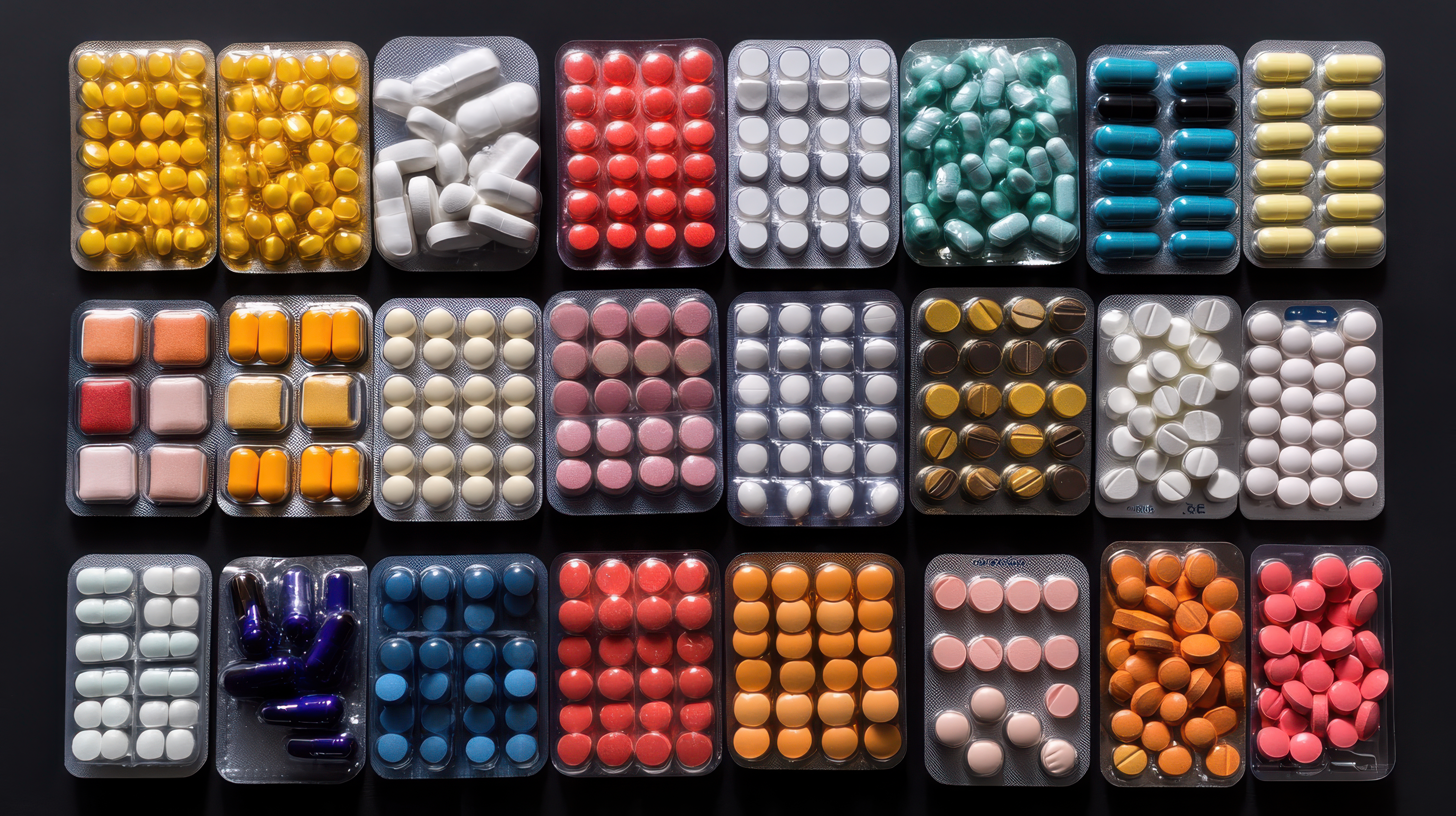 Top view of colorful capsule pills arranged in a plastic box, representing various formulations in vitamin production and supplement manufacturing