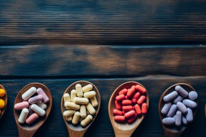 Assorted dietary supplements in wooden spoons, showcasing a trusted low MOQ supplement manufacturer offering high-quality and customizable formulations.