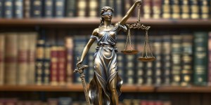 Lady Justice statue in front of law books – symbol of legal authority used in discussions about DMAA legality and regulatory compliance in dietary supplements.