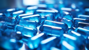 Blue capsules representing pharmaceutical or supplement products manufactured through capsule contract manufacturing in a laboratory setting