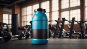 "A blue protein bottle with a black label placed on a gym floor, surrounded by fitness equipment. Ideal for fitness enthusiasts and pre-workout manufacturers in the USA