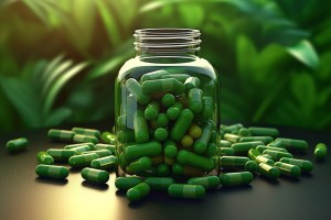 Low MOQ Supplement Manufacturer – green herbal capsules in a transparent bottle, set against a natural background, representing small batch supplement production for emerging wellness brands