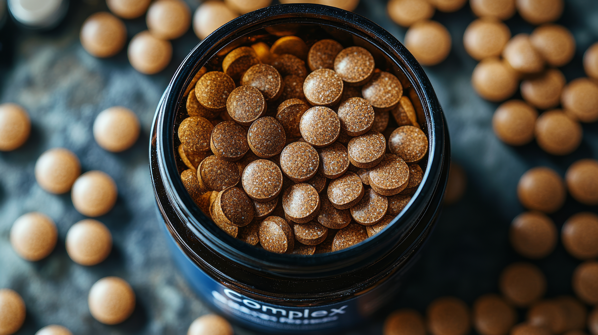 High-quality brown vitamin tablets in an open jar, representing a premium low MOQ supplement manufacturer offering flexible production solutions
