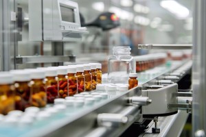 Vitamin production line in a pharmaceutical facility with amber bottles filled with capsules and tablets – automated system for dietary supplement manufacturing and packaging.