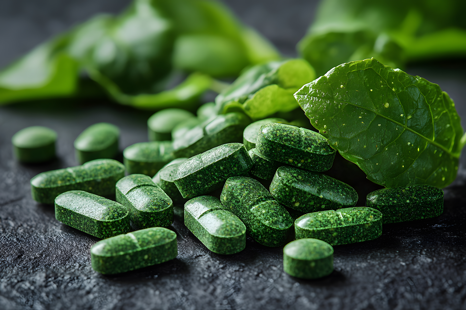 Close-up view of green vegetable capsules spilling from a transparent container, representing plant-based supplement manufacturing and vegan-friendly formulations