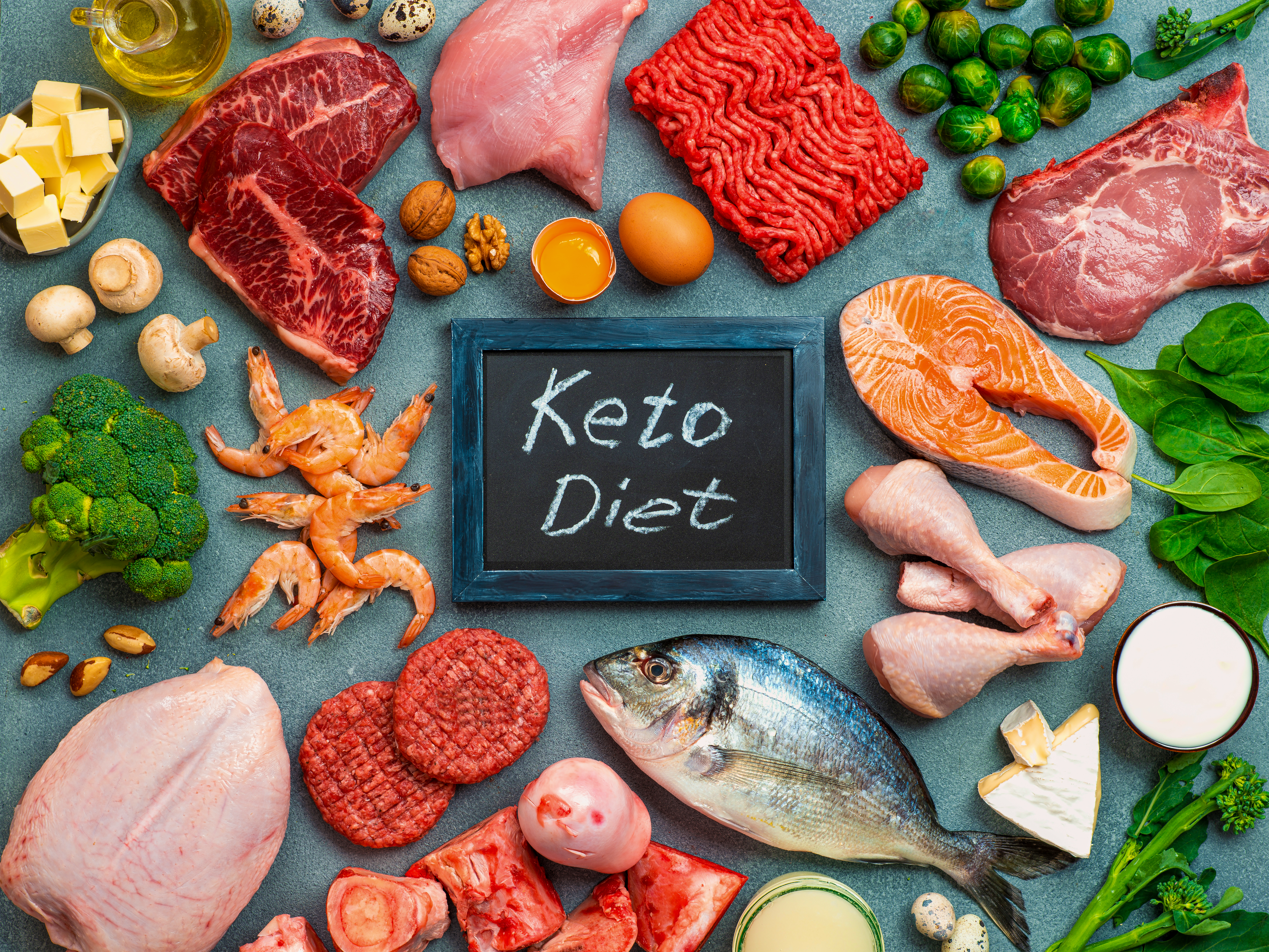 A variety of fresh keto-friendly foods, including meat, fish, eggs, cheese, nuts, and vegetables, arranged around a chalkboard with the words "Keto Diet." Ideal for keto supplement manufacturers and low-carb nutrition concepts