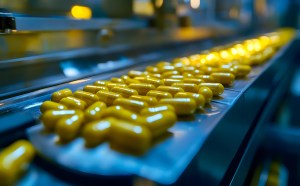 Yellow vitamin capsules aligned on a production line in a modern facility – high-speed equipment used in vitamin production and supplement manufacturing.