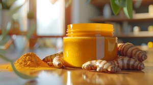 Private label turmeric product featuring a golden turmeric-infused lotion container, fresh turmeric roots, and turmeric powder, illuminated by warm natural light in a cozy kitchen setting.