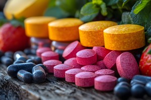 Assorted multivitamin tablets and capsules in vibrant colors, surrounded by fresh fruits and herbs, representing premium quality from the best manufacturer of vitamins.