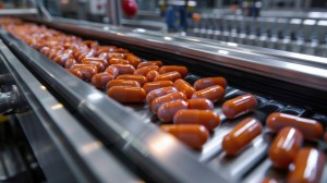 Orange capsules moving along a production line in a modern facility, representing Contract Manufacturing Dietary Supplements. Highlights private label supplements and advanced dietary supplement manufacturing processes.