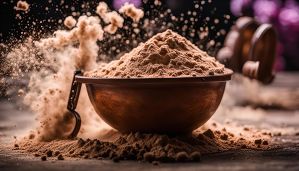Brown custom powder in a rustic wooden bowl with airborne particles creating a dynamic visual. Perfect showcase for Low MOQ Custom Powders Manufacturers specializing in natural, custom powder manufacturing solutions