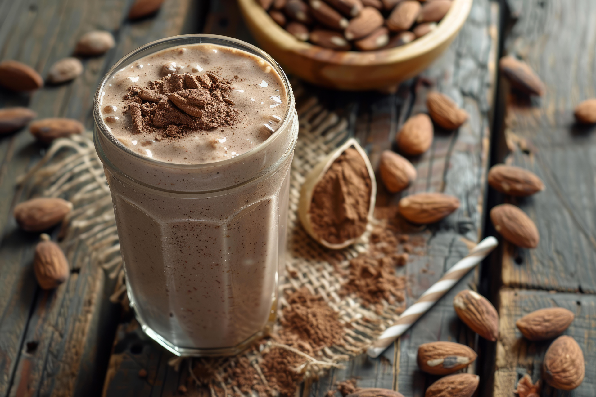 Chocolate smoothie with cocoa powder and almonds, illustrating the type of product that custom powder manufacturers and pre workout supplement manufacturers create. This image could be used to showcase custom powder manufacturing or pre workout manufacturers USA