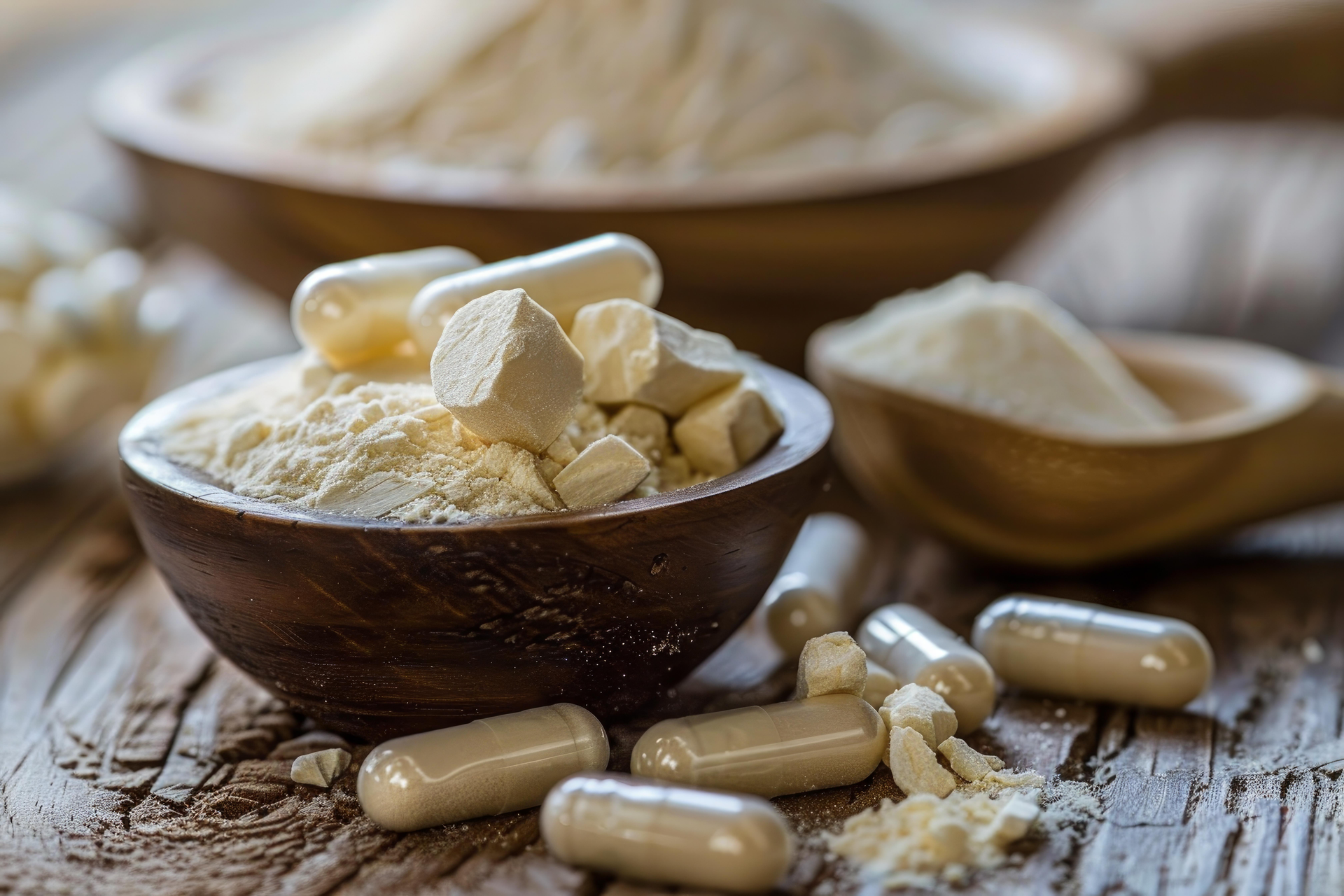 Wooden bowls and scoops filled with powdered supplements and capsules, representing GMP Certified Supplements and high-quality nutritional supplement production on a rustic wooden background