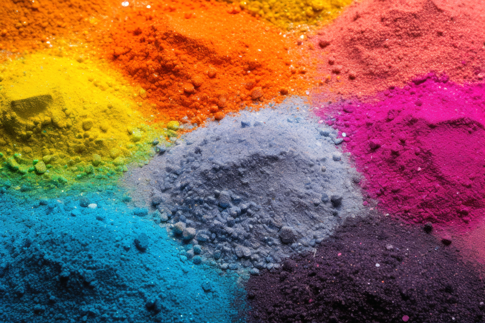 Colorful glitter powder piles in spectral hues including red, yellow, blue, pink, purple, and orange – ideal for custom powders manufacturing. Low MOQ Custom Powder Manufacturer showcasing vibrant pigment options