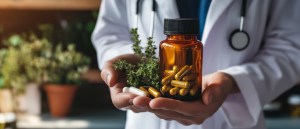 A healthcare professional holding an amber bottle of capsules and fresh herbs, representing Best Private Label Supplement Maker services in private label supplement manufacturing and superior supplement manufacturing of herbal supplements.