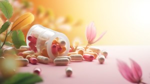 Colorful capsules spilling from a white bottle on a pastel background with floral elements, symbolizing natural health solutions and GMP Certified Supplements for wellness and beauty
