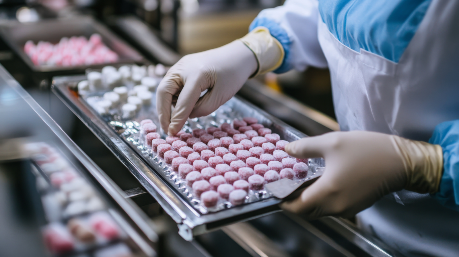 Worker handling chewable tablets on a production line in a GMP-certified facility, representing chewable tablet contract manufacturing for supplements.