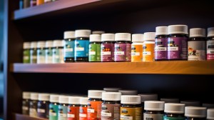 A vibrant display of dietary supplements and vitamin bottles neatly organized on wooden shelves. Each product features colorful labels and clean branding, representing top American supplements. Ideal for showcasing the best supplement companies or promoting supplements com products in health-focused SEM campaigns.