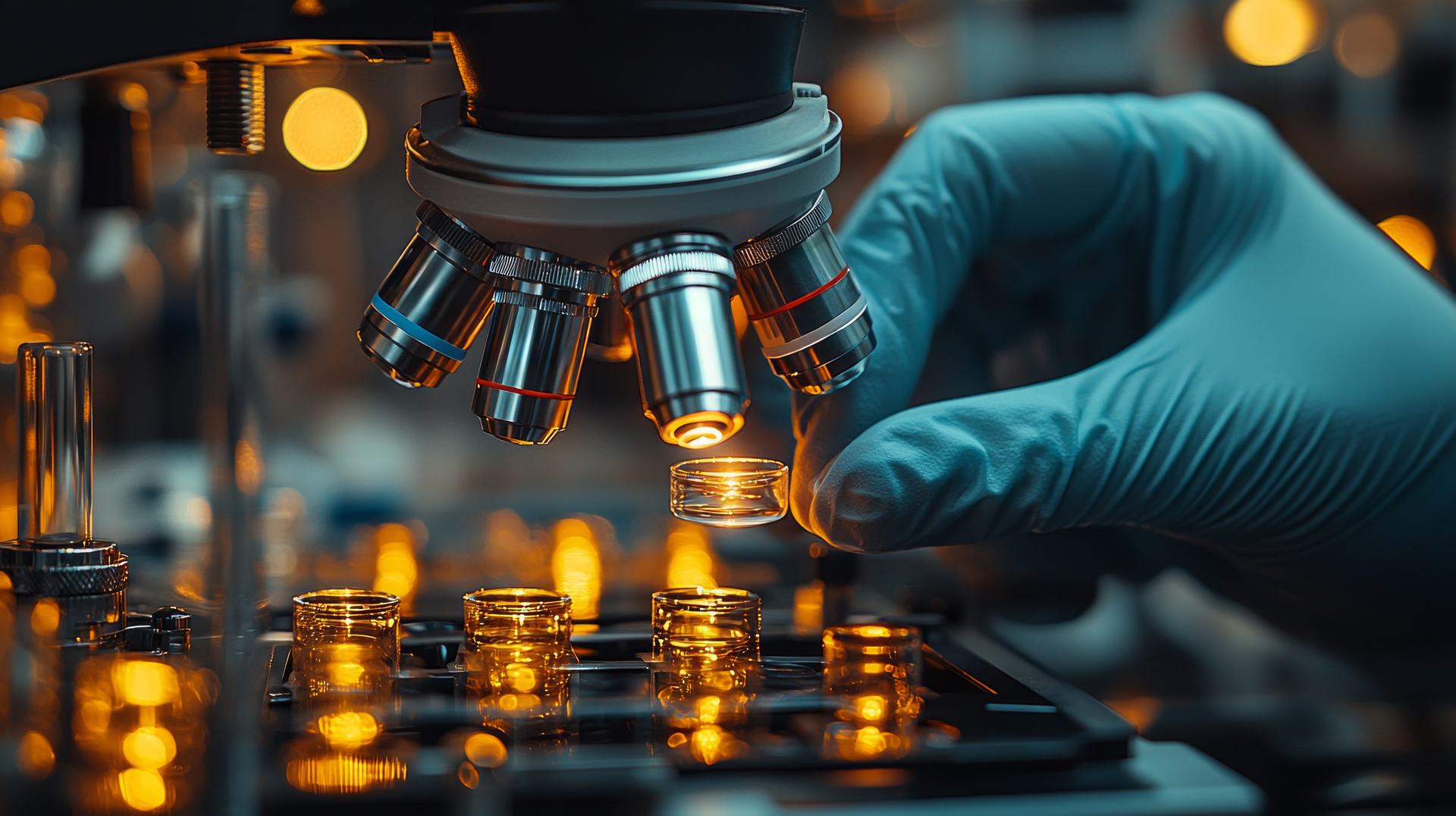 Scientist in a laboratory placing a sample under a microscope, illuminated by amber lighting, showcasing precision lab work for Supplement Contract Manufacturer Near Me.
