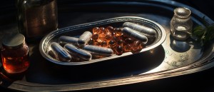 Pharmaceutical capsules and softgel supplements displayed in a silver tray, showcasing premium product quality by supplement manufacturers