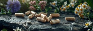 Natural supplement capsules and tablets placed on a stone surface surrounded by fresh chamomile and herbal flowers — visually representing organic wellness and guidance on how to take beef liver supplements for optimal health.