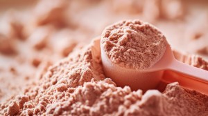 Close-up of a scoop filled with whey protein powder, showcasing fine texture and creamy consistency — perfect for promoting high-quality protein supplements, whey protein products, or fitness nutrition.