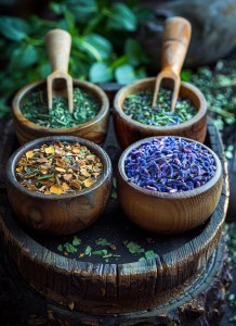 Wooden bowls filled with colorful dried herbs and botanicals, symbolizing high-quality raw material suppliers for supplement manufacturers and trusted supplement ingredient suppliers used in natural formulations.
