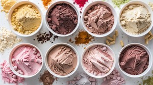 Assorted best-selling protein powders and supplements in colorful bowls, showcasing various flavors and formulations — ideal visual for promoting top protein powder blends, custom supplement formulations, or personalized nutrition products.