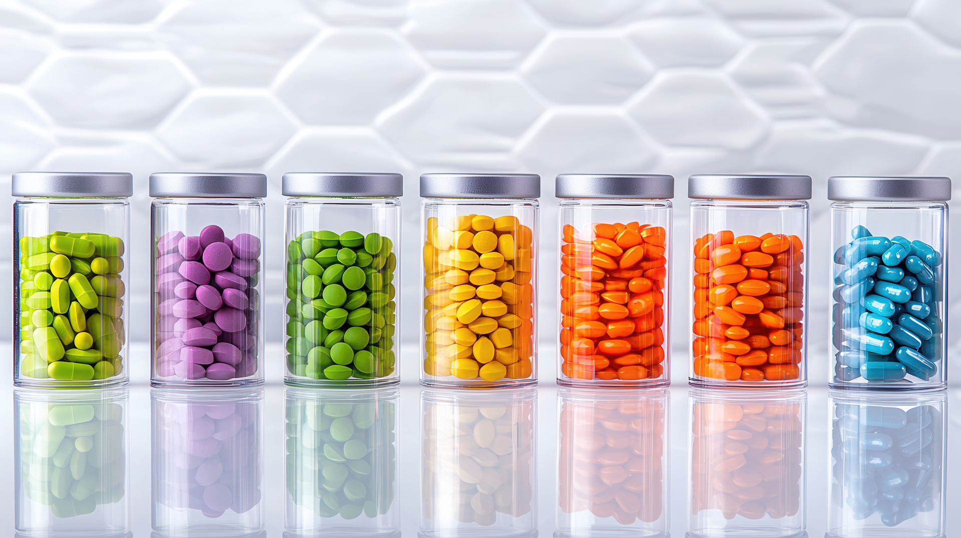 Colorful capsules and tablets in clear jars for Vitamin Private Labeling, showcasing diverse supplement types for custom formulations and private label vitamin manufacturing.