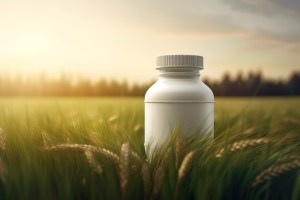 White supplement bottle in a wheat field at sunrise, representing natural health products and sustainable Vitamin Private Labeling for custom supplement manufacturing