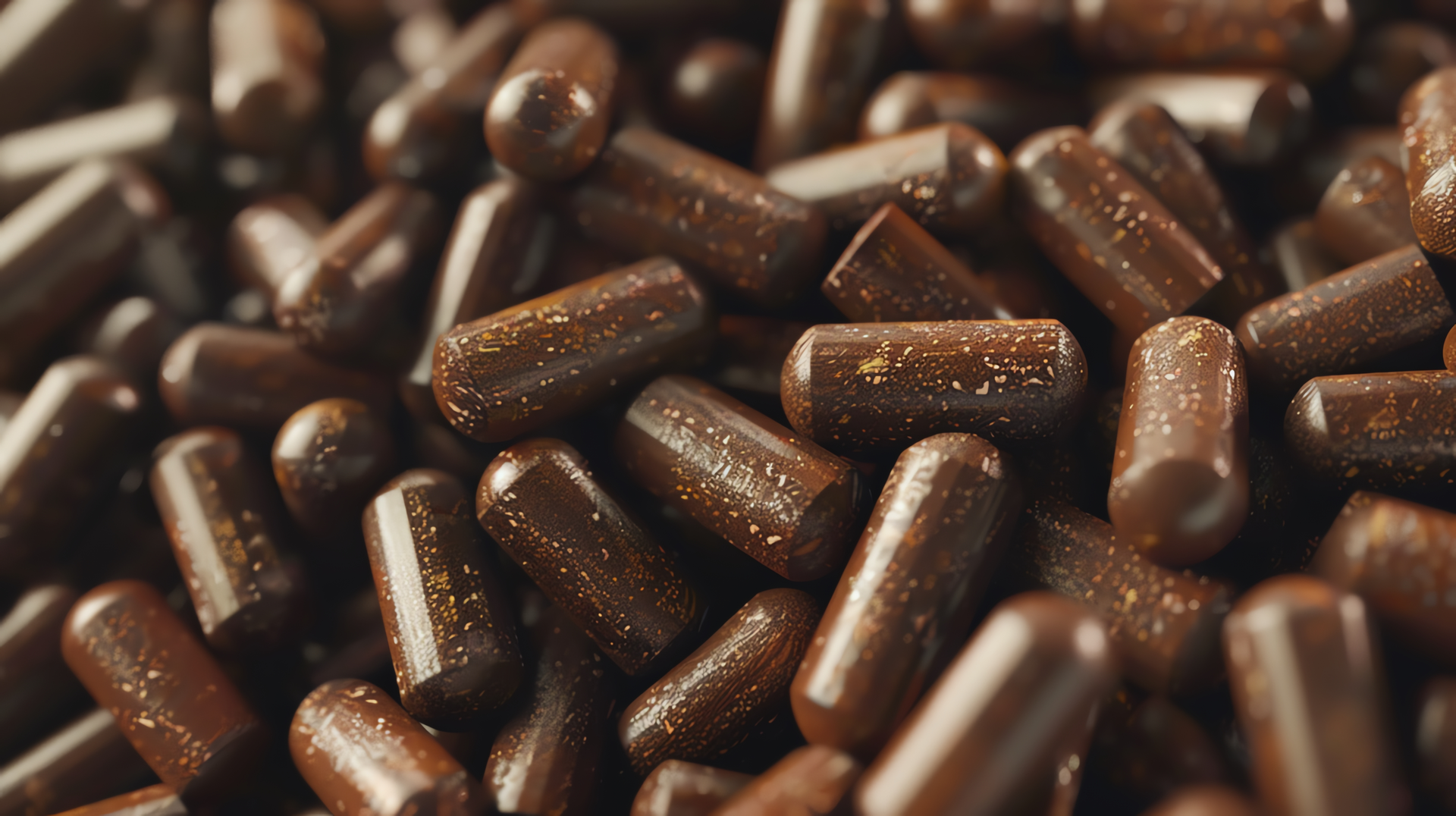A close-up view of dark brown beef liver supplements with a glossy finish and golden speckles, showcasing high-quality supplement manufacturing and attention to detail in dietary supplement manufacturing.