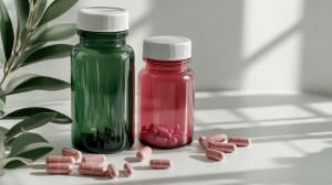 Green and pink supplement bottles with pink capsules on a white surface, representing stylish packaging solutions for Vitamin Private Labeling and custom nutraceutical branding