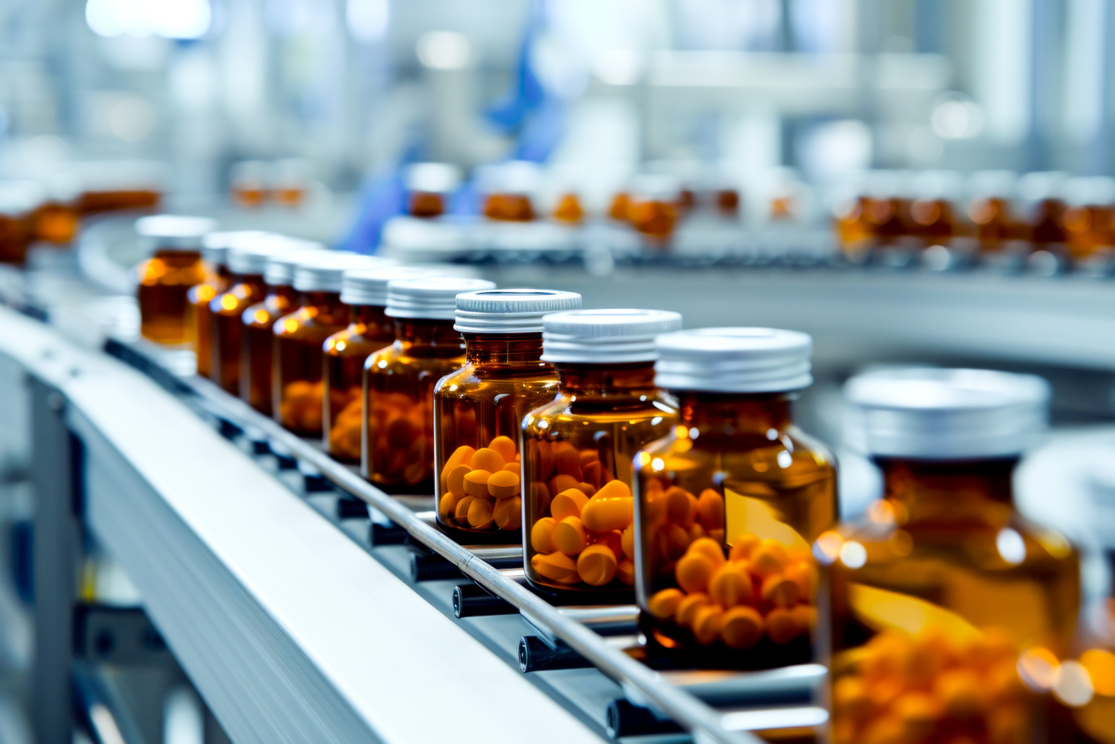 Bottles filled with orange tablets moving along an automated production line — representing the supplement manufacturing process, showcasing small batch supplement manufacturing, with focus on the chemical composition and possible alternatives of the active substance.