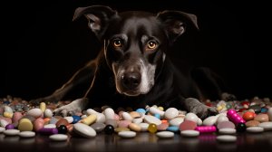 Pet supplement safety concerns – black dog surrounded by assorted colorful tablets and capsules, emphasizing the need for proper pet supplement formulation and manufacturing quality control.