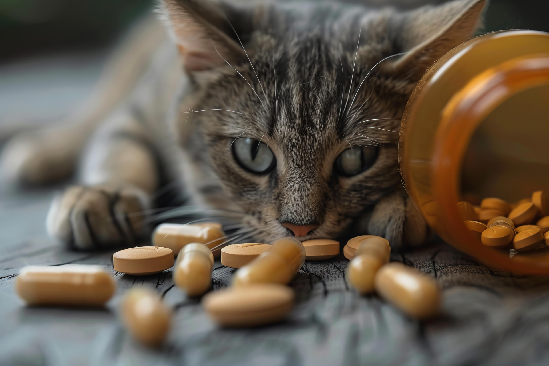 Overcome Pet Supplement Manufacturing Hurdles – Cat lying near spilled tablets and capsules from a supplement bottle, highlighting the importance of safe and effective pet supplement production.
